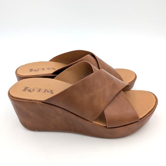 Korks Madera Leather Wedge Sandals Crisscross Strap Women's Brown Size US7M EU38 - Picture 4 of 8